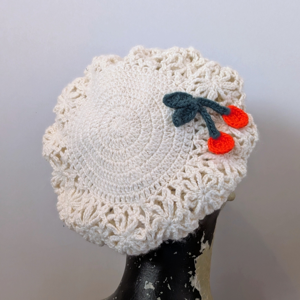 Anthropologie White Crochet Beret with Orange Cherry Detail Free Size